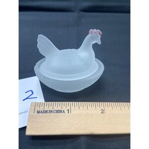 Frosted Glass Hen on Nest Miniature Trinket Dish Salt Cellar 2.5 Inch